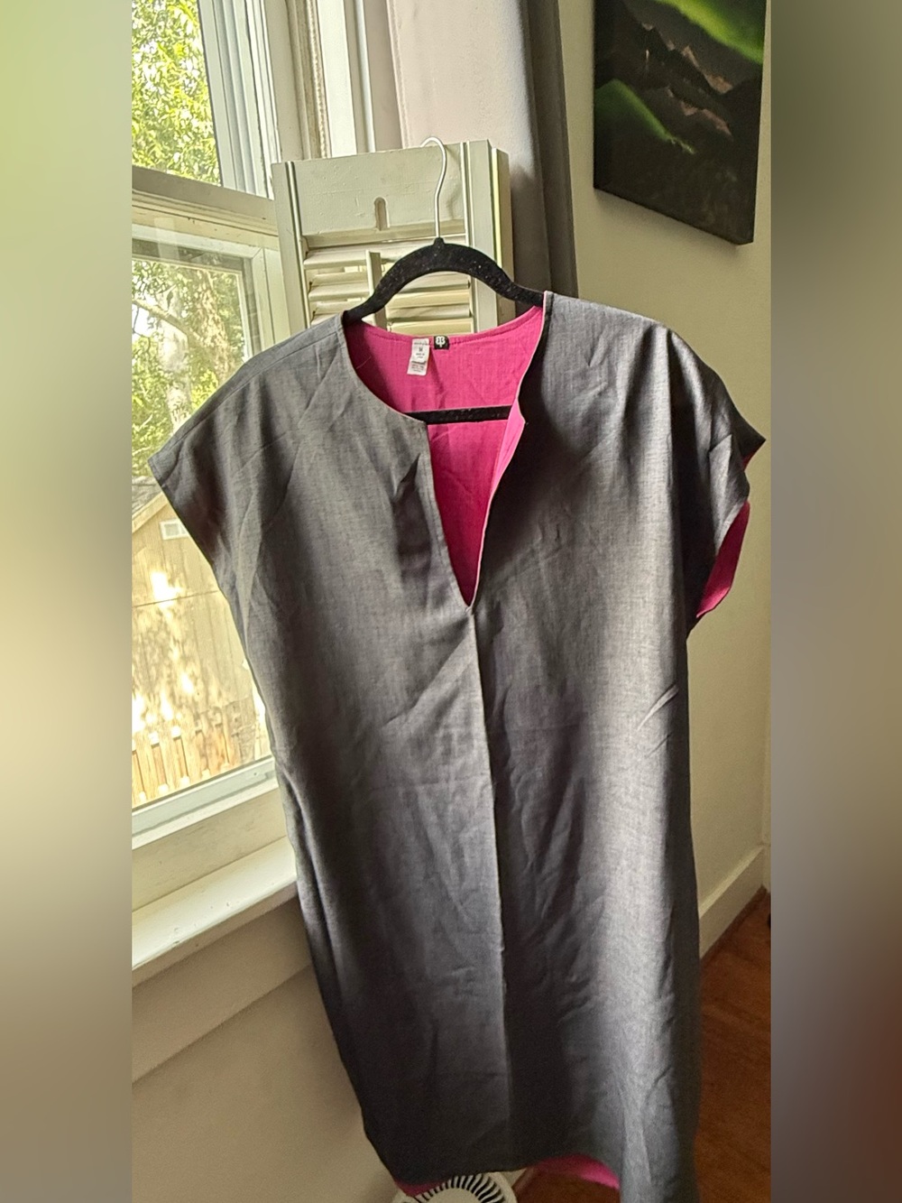 Betabrand Reversible-Accent Cap Sleeve dress in grey and pink
